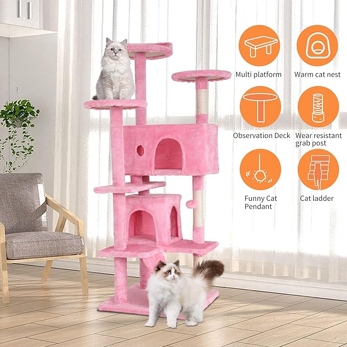 BestPet | 54" Cat Tree Tower | Pink | Sturdy, Easy to Assemble, Multi-Level Activity Center with Sisal Scratching Posts, Condos, Perches, Hanging Cat Toys, Observation Decks & Ladder