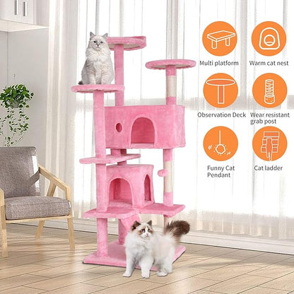 BestPet | 54" Cat Tree Tower | Pink | Sturdy, Easy to Assemble, Multi-Level Activity Center with Sisal Scratching Posts, Condos, Perches, Hanging Cat Toys, Observation Decks & Ladder