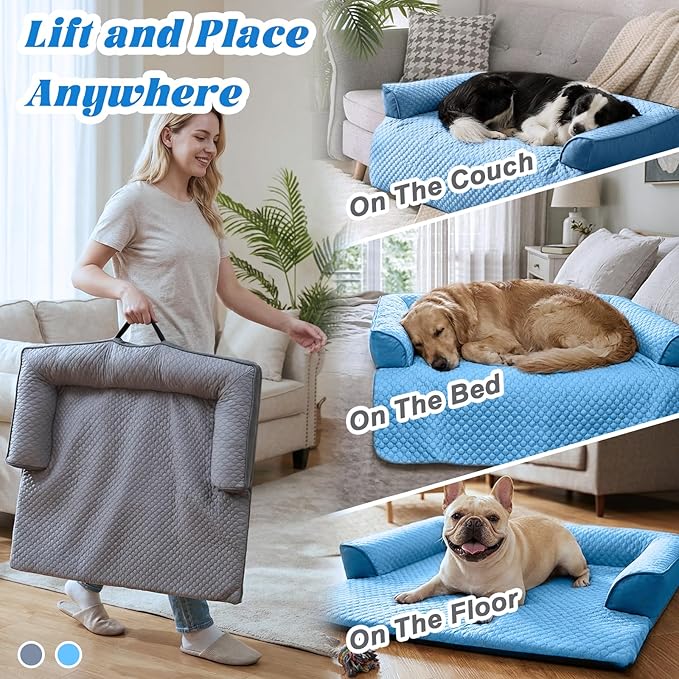GGIB Cooling Dog Bed Mat with Bolster Pillow Washable Dog Couch Cover Breathable Summer Pet Couch Bed Protector Indoor(Large, Cooling Grey)