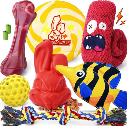 Long-Lasting Heavy Various Dog Chew Toys for Aggressive Chewers, 9 Pack Indestructible Large Dog Toys Include Tug Chew & Rope Toys, Squeaky Toys for Medium&Large Breed(for Super chewers -Mad Bunny)