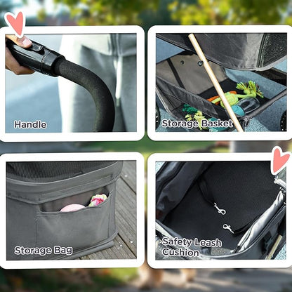 PawHut 3 in 1 Dog Stroller with Detachable Carrier, Lightweight Folding Pet Stroller with 4 Wheels, Storage Basket, Cupholder, Washable Pads for Puppy & Kittens, Gray