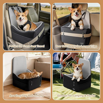PETSFIT Dog Car Seat for Small/Medium Dogs Up to 35 lbs – Patented Safety System, 6" Memory Foam Pet Booster Car Seat, Fully Detachable and Washable Dog Carseat with 2 Storage Pockets (Black & Grey)