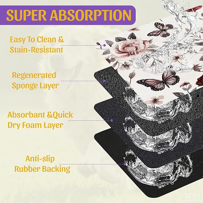 Vintage Flower Butterfly Dog Cat Food Mat, Absorbent Feeding Placemat, Waterproof Non-Skid Bottom – 12x20 Inch