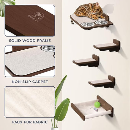 Space-Saving Cat Wall Shelves – Interactive Cat Wall Climber with Hammock & Dog Proof Feeding Station for Small & Medium Indoor Breeds – Solid Walnut Wood with Beige Carpet