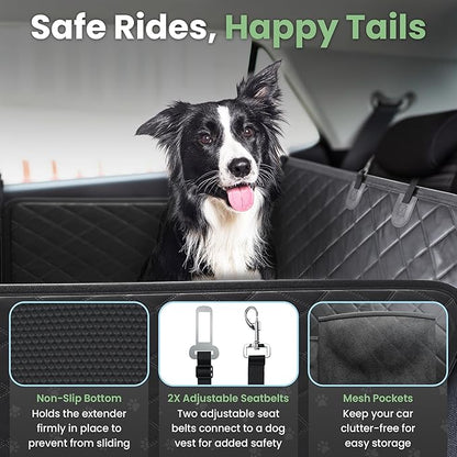 Dog Car Seat Cover for Back Seat Half or Full - 3-Way Backseat Dog Hammock for Car Hard Bottom & Anti-Slip with Safety Seatbelts, Bowl - 63.8x52.7 Pet Backseat Cover for SUV, Sedans, Trucks