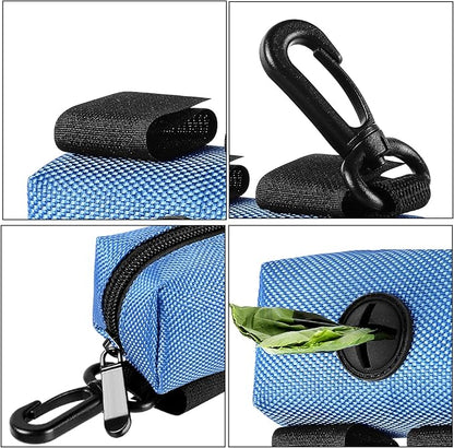 Dog Waste Bag Dispenser Pet Poop Bags Holder for Doggie Waste Bags Dispensers Soft Fabric Zipper Small Doggy Puppy Pouch for Leash Accessory Attachment with Carrier,2PCS Blue&Black