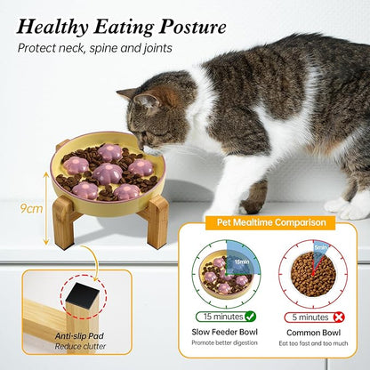 Elevated Slow Feeder Cat Bowl - Maze Puzzle Cat Food Dish with Bamboo Stand, Anti-Slip - Raised Base for Comfortable Eating - 6 OZ - Light Purple Flower