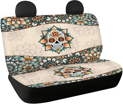 AFPANQZ Skull Boho Flower Car Seat Cover for Women Men Polyester Fabric Protector Accessories Soft Washable Decorations Cloth Backseats Rear Seat Cushion Protection