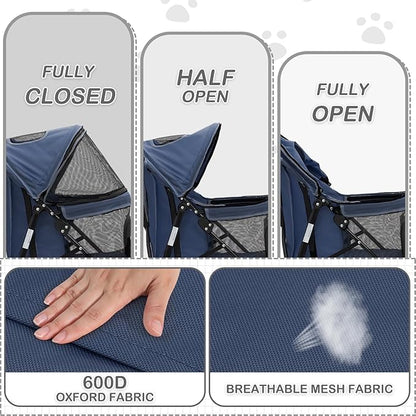 Dog Stroller, 4 Wheels Pet Stroller for Cats and Dogs with Storage Bag & Visible Mesh, Easy-Fold Umbrella Shaped Cat Stroller and Pet Stroller for Medium Dogs & Small Dogs, Navy Blue