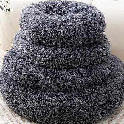 Plush Donut Cat Bed and Dog Bed Round Calming Pet Beds Fluffy Rabbit Cave Warm Dog Couch Non Slip Bottom for Pets Up to 10KG