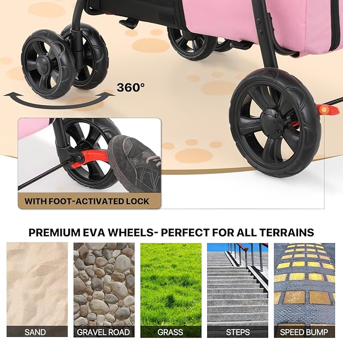 MoNiBloom Double Dog Stroller with Detachable Carrier Bags Large 4 Wheels Foldable Jogger for Small and Medium Dog Cats, Pink/Gray