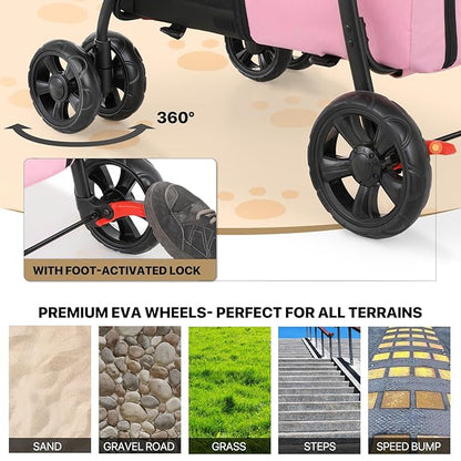 MoNiBloom Double Dog Stroller with Detachable Carrier Bags Large 4 Wheels Foldable Jogger for Small and Medium Dog Cats, Pink/Gray