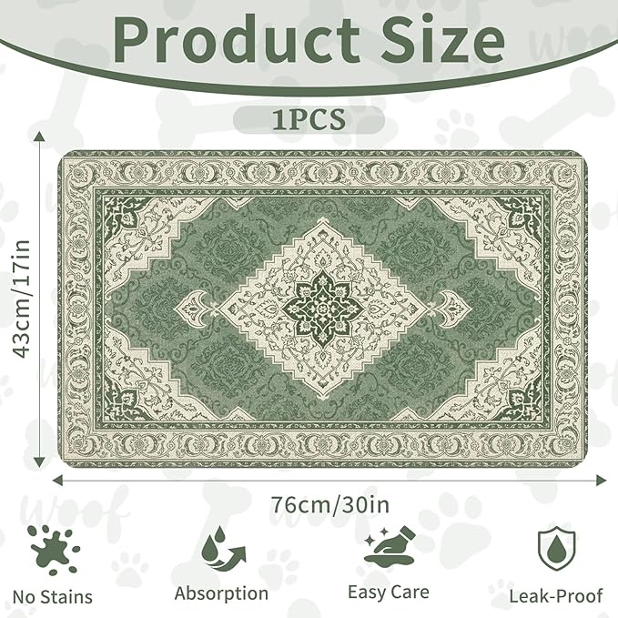 Pet Dog Cat Food Mat, Absorbent Dog Bowl Mats for Food and Water, Non Slip Boho Dogs Cat Placemats Feeding Mat for Floors Indoor Puppy Pet Accessories Supplies 17 * 30 inch, Retro Green