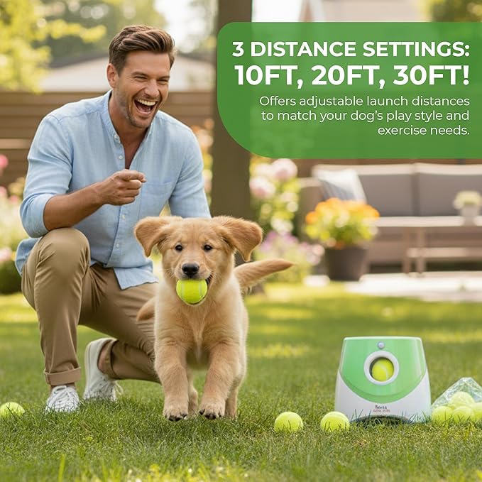 Automatic Ball Launcher for Dogs with 10 Tennis Balls (2 inch), Dog Ball Launcher with 3 Range Modes (10/20/30ft), Rechargeable Dog Balls Thrower for Small-Medium Dogs,Indoor/Outdoor Pet Fetch Machine