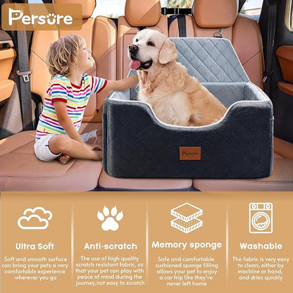Persure Dog Car Seat for Large Medium Size Puppy Dog,Soft Fabric Dogs Bed Filling Memory Foam,2 Clip-On Safety Leashs and 2 Pockets,Removable and Washable Comfy Pet Travel Car Seat(Black, Large)
