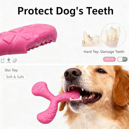 Ultra Durable Tri-Prong Dog Chew Toy for Teeth Cleaning - Non-Toxic Rubber Interactive Tug of War & Fetch Toy for Medium & Large Dogs((Red)