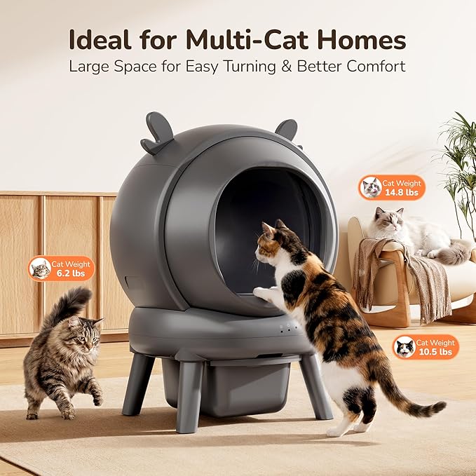 Automatic Self Cleaning Litter Box, Cat Litter Box with APP Control, 65L Globe & Dual Safety Sensors, Robot Litter Box, 1 Roll Garbage Bags and Litter Mat, <35DB, for Multiple Cats, Grey