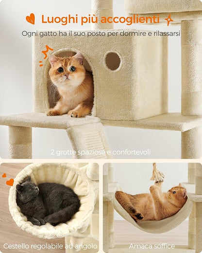 Feandrea Cat Tree, 81.1-Inch Large Cat Tower, Multi-Level Plush Condo with 13 Scratching Posts, 2 Perches, 2 Caves, Basket, Hammock, Pompoms, Beige UPCT190M01