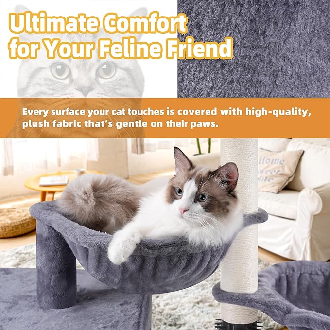 ROYPET Cat Tree with Cat Condo and Two Hammocks, Cat Tower with Scratching Posts and Scratching Pads, Grey