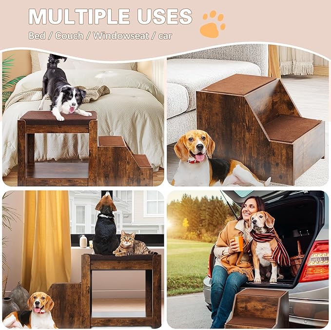 Dog Window Perch with Stairs, Indoor Dog Bunk Bed to Look Out Window, Large Pet Window Seat for Dogs and Cats, Vintage Wood