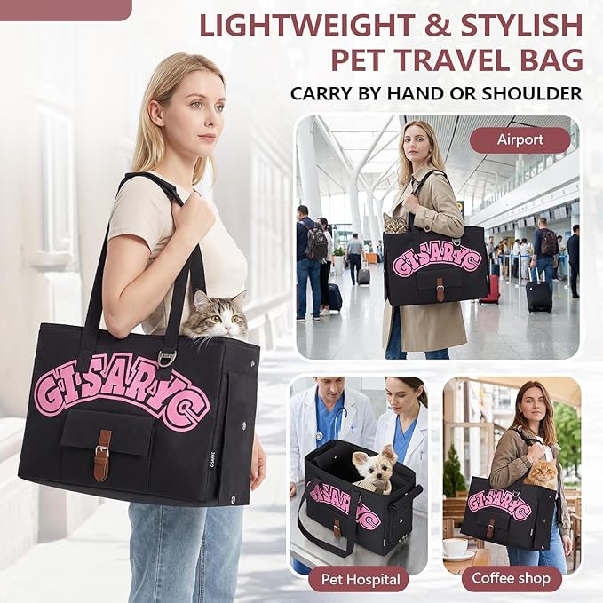 Dog Purse Carrier for Small Dogs, Cats and Puppies – Soft-Sided Foldable Pet Travel Bag with Multi Pockets, 3-Sided Mesh & Rollable Cover for Nervous Cats, Fits Pets up to 15 lbs (Black & Pink)