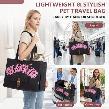 Dog Purse Carrier for Small Dogs, Cats and Puppies – Soft-Sided Foldable Pet Travel Bag with Multi Pockets, 3-Sided Mesh & Rollable Cover for Nervous Cats, Fits Pets up to 15 lbs (Black & Pink)