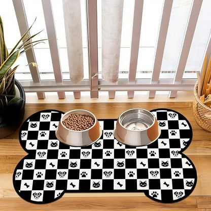 Pet Dog Cat Food Mat, Absorbent Bone Shaped Dog Bowl Mats for Food and Water, Non Slip Cute Footprint Dogs Cat Placemats Feeding Mat for Floors Puppy Pet Accessories Supplies 17"x30" Black White
