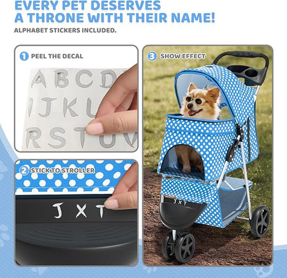 Magshion 3-Wheel Pet Stroller, Foldable Travel Jogger for Small & Medium Dogs & Cats (Up to 33lbs), Lightweight Carrier with Breathable Mesh Cover, Cup Holder & Storage Basket, Sky Blue Polka Dots