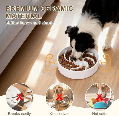 Ceramic Slow Feeder Dog Bowl, 1.5 Cup Dog Food or 20oz Water, Slow Eating Bowl for Small Breed, Maze Puzzle Feeder for Fast Eaters, Anti-Choking Stop Bloat, Non-Slip BPA Free (White)