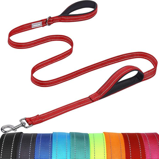 VIVAGLORY Dog Leash Twingrip Double Handle Dog Leash with Traffic Handle Control & 2 Loop for Walking & Training, Reflective Heavy Duty for Puppy Pet Collar, 5ft x 1in, Red