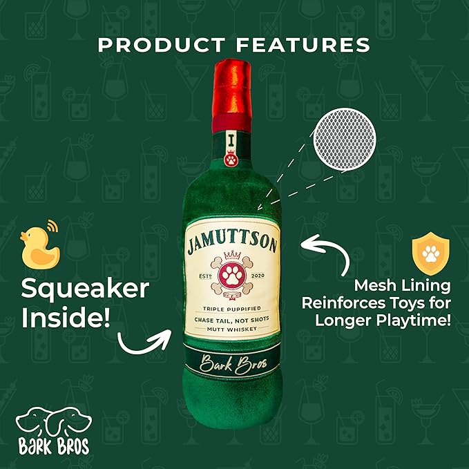 Bark Bros - Liquor Bottle Dog Toy - Plush Squeaky Dog Toys Funny Drink Parody - Alcohol Dog Toy - Dog Birthday Toy - Cute Dog Toys - Puppy Gifts - Puppy Stuff - Dog Stuff (Large, Jamuttson)