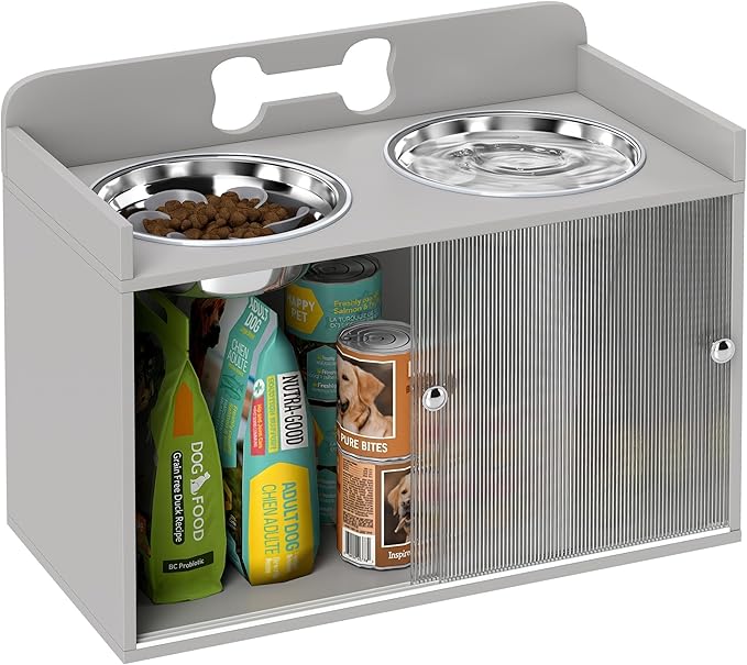 PawHut Elevated Dog Bowls with Storage, Raised Dog Bowl Stand with 2 Stainless Steel Food Dishes and Slow Feeder, Pet Feeding Station for Large Breeds, Gray