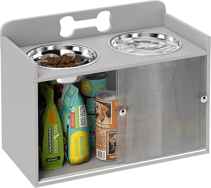 PawHut Elevated Dog Bowls with Storage, Raised Dog Bowl Stand with 2 Stainless Steel Food Dishes and Slow Feeder, Pet Feeding Station for Large Breeds, Gray