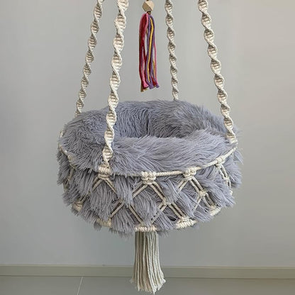 Macrame Cat Hammock, 47.24 * 15.74INCH, Cat Swing with Plush Bed for Sleeping, Playing, Climbing, and Lounging