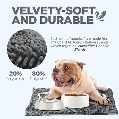 Soggy Doggy Slopmat Dog Food Mat – Absorbent Microfiber Chenille Pet Feeding Mat for Food & Water Bowls, Muddy Paws Small Doormat, Non-Slip, Machine Washable Rug – Gray/Light Gray Bone, 18” x 24”