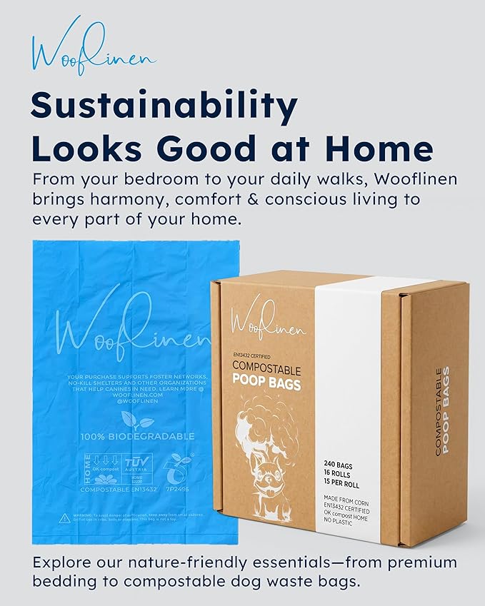 Wooflinen Unscented Compostable Dog Poop Bags – Leak-Proof Dog Poop Bags Rolls – Large 9x13”, Durable, Easy Tear – Made from Plant-Based Materials – For Big & Small Dogs – 240 Bags (16 Rolls)