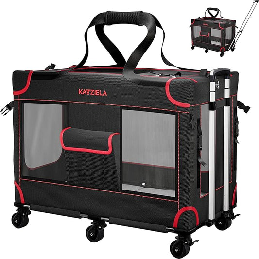 MegaCruze Rolling Pet Carrier for Medium & Large Dogs 25”x17”x20”. Lockable Wheels Zipper Locks Telescopic Handle Breathable Mesh, Removable Wheel Base, Stress-Free Travel Outdoor and Indoor