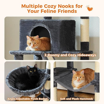 70.8" Tall Cat Tree for Large Cats, Multi-Level Cat Tower with 8 Sisal Scratching Posts, 2 Top Perches, Big Condo, Large Hammock, and Cat Furniture for Indoor Cats, Dark Gray