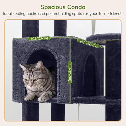 Globlazer Extra Large Platform Cat Tree, 65in Sturdy Cat Scratching Tree for Indoor Cats Large Adult, Big Cat Perch Tower with 3 Padded Perches, 6 Scratching Posts, Cat Condo, Hammock, S65, Dark Grey