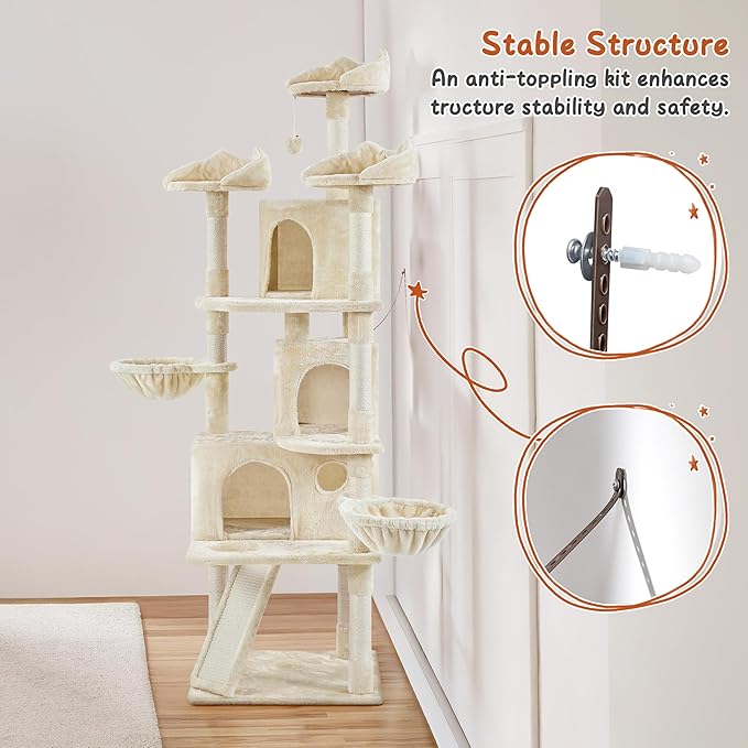 Yaheetech 76.5in Multi-Level Large Cat Tree, Big Cat Tower with 3 Condos, Cozy Plush Perches, 9 Sisal Scratching Posts and Ladder, Activity Center for Large Kitties, Beige