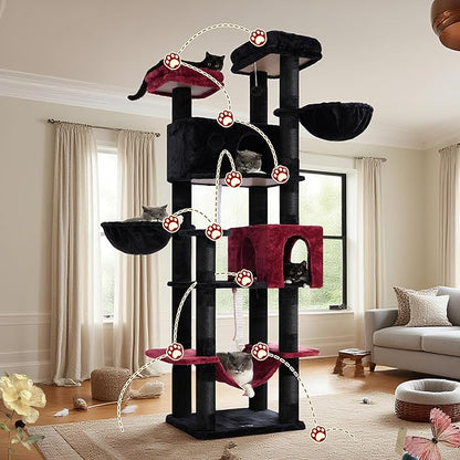 Tall Cat Tree, Large Cat Tower for Adult Cats, 80.7'' (205cm) Heavy-Duty Cat Tree House for Indoor Cats 20 lbs+ with Scratching Posts, 2 Top Perches/Condos, Hammcok, Black(Gothic) GCT034BR