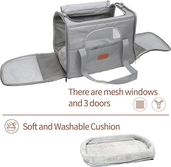 Expandable Pet Carrier for Cats and Small Dogs, Soft-Sided Travel Dog Carrier with Fleece Cushion, Breathable Mesh Windows and Shoulder Strap for Car, Outdoor and Daily Use, Grey