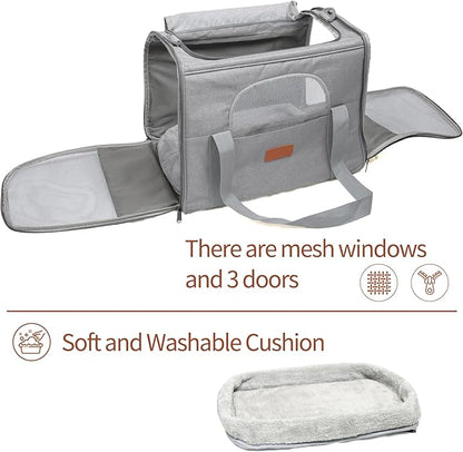 Expandable Pet Carrier for Cats and Small Dogs, Soft-Sided Travel Dog Carrier with Fleece Cushion, Breathable Mesh Windows and Shoulder Strap for Car, Outdoor and Daily Use, Grey