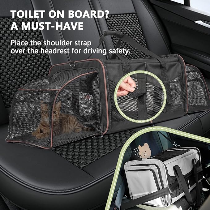 Expandable Cat Carrier for 2 Cats, Double Compartment Large Pet Carrier for Long Distance Car Travel, Includes 2 Portable Litter Boxes, Foldable Multi-Cat Travel for Road Trips & Camping, Black