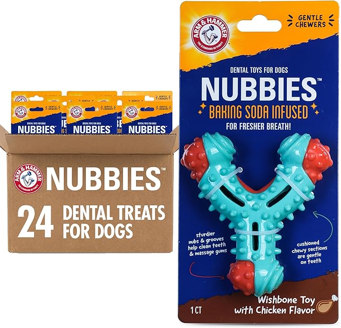 ARM & HAMMER for Pets Nubbies Wishbone Dog Dental Toy| Best Dog Chew Toy for Moderate Chewers | Dog Dental Toy Helps Reduce Plaque & Tartar | Chicken Flavor Baking Soda (Pack of 24)