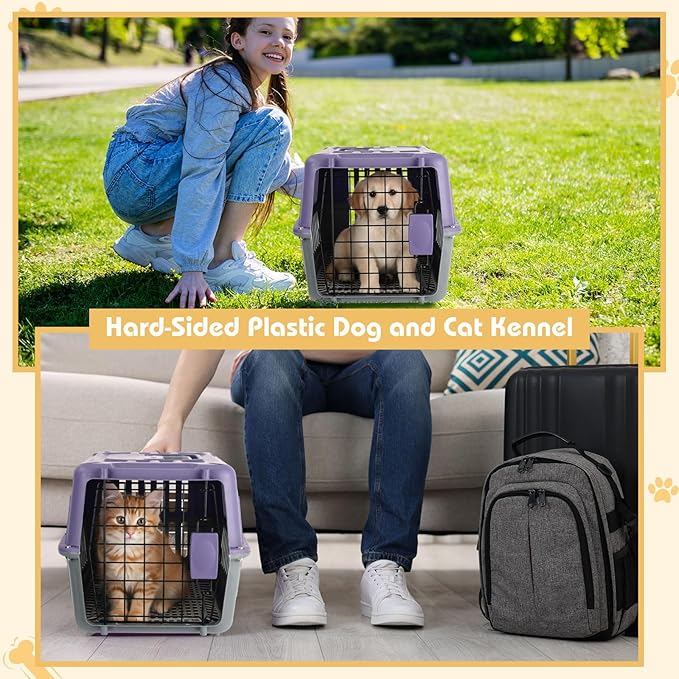 2 Set Travel Pet Carriers for Small Cat Dog Plastic Hard Shell Carrier Cat with Bowl Wire Door Grille Mat Portable Breathable Security Lock Puppy Kennel for Travel Airline, 17.5", up to 13lbs(Purple)