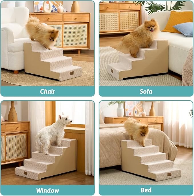 Dog Stairs for Small Dogs 15.7" H, 4-Step Gentle Incline Pet Step for Couch Sofa, Non-Slip Right-Angle Dog Ramp for Puppy Doggie Senior Cats, 15.7x23.6x15.7 Inch, Beige
