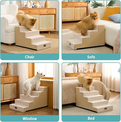 Dog Stairs for Small Dogs 15.7" H, 4-Step Gentle Incline Pet Step for Couch Sofa, Non-Slip Right-Angle Dog Ramp for Puppy Doggie Senior Cats, 15.7x23.6x15.7 Inch, Beige
