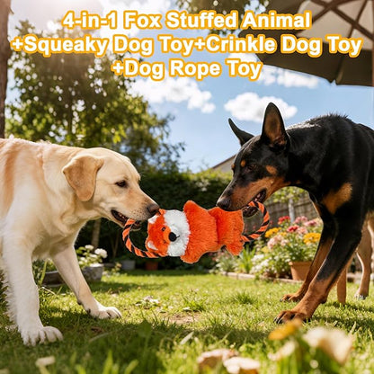 Fox Plush Squeaky Dog Toy with Crinkle Paper Puppy Teething Chew Toy Cute Soft Funny Indoor Outdoor Interactive Tug of War Dog Rope Toy for Small Medium Large Dogs Toy Gift 39.5cm/15.55in
