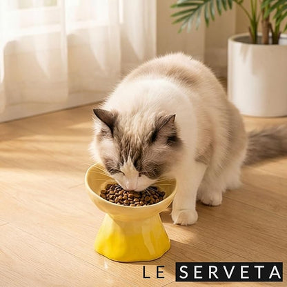 Elevated Ceramic Cat Bowl, Tilted Slow Feeder Pet Dish with Gradient Color Coating, 3.3 Ounces Capacity, Anti-Gulping Design with Rose Bouquet Design (Gradient Yellow)